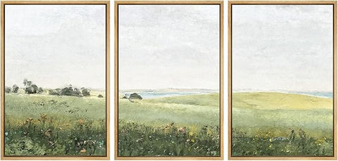 SIGNWIN Framed Canvas Print Wall Art Set Green Pasture Countryside Flower Field Nature Abstract Illustrations Modern Art Decorative Nordic for Living Room, Bedroom, Office - 16"x24"x3 Natural