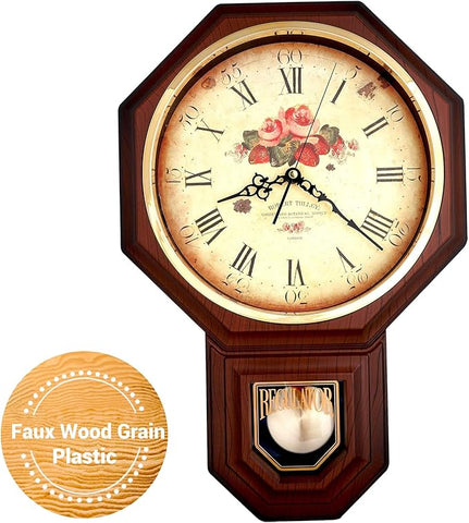 JUSTIME Traditional Schoolhouse Classic Vintage Rose Regulator Wall Clock, Chiming Wall Clocks with Pendulum & Westminster Chime Hourly, Schoolhouse Wall Decor Battery Operated (Dark Wood Grain)