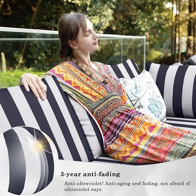 Outdoor Furniture Replacement Cushions, 14 Pcs Water-Resistant Replacement Sofa Cushion for Patio Garden Porch (Liner&Cover,Only Cushions No Sofa) (Navy Blue and White Stripes)