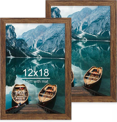 12x18 Frame Set of 2, Rustic Brown Wood Style, Display 12 x 18 Poster without Mat or 8.5x11 Picture with Mat, Wall Mounting Horizontal and Vertical