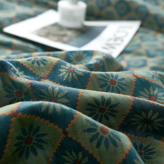 VM VOUGEMARKET Linen Cotton Duvet Cover Queen,3 Pcs Yarn-Dyed Textured Duvet Cover Set Green Flower Geometric Bedding Set,Ultra Soft and Breathable Comforter Cover Set