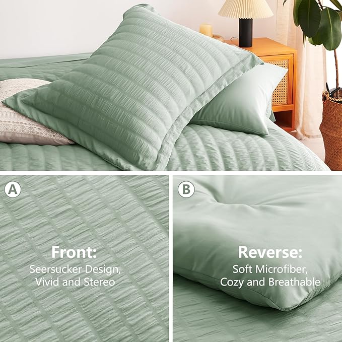 CozyLux Full Size Comforter Sets with Sheets Seersucker 7 Pieces Sage Green Bed in a Bag Textured Luxury Soft Bedding Set with Down Alternative Comforter, Sheets, Pillowcases & Shams for All Seasons