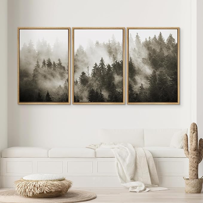 SIGNWIN Framed Canvas Print Wall Art Woodland Nursery Decor Set Duotone Blue Misty Pine Tree Forest Nature Modern Art Rustic Landscape Colorful for Living Room, Bedroom, Office - 16"x24"x3 Natural