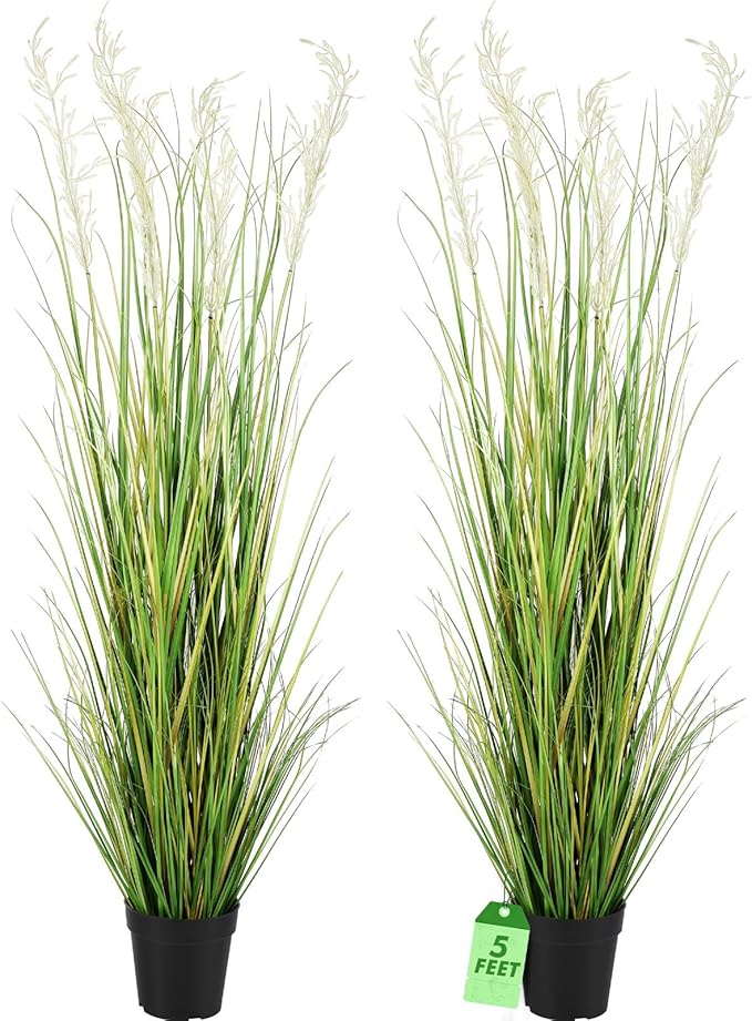 Jexine 2 Pcs 5 ft Tall Artificial Grass Plant Potted Artificial Greenery Floor Plants Faux Pampas Grass Tall in Pot for Housewarming Gift House Garden Bathroom Lobby Outdoor Decoration