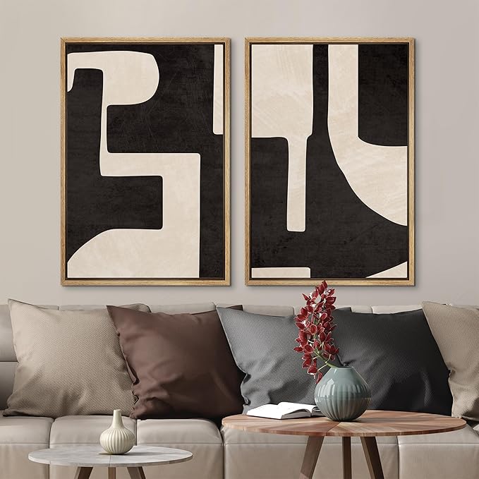 MUDECOR Framed Canvas Print Wall Art Black & White Geometric Paint Stroke Decor Abstract Nature Illustration Modern Art Decorative Multicolor Geometric Minimal for Bedroom - 16"x24"x2 Natural