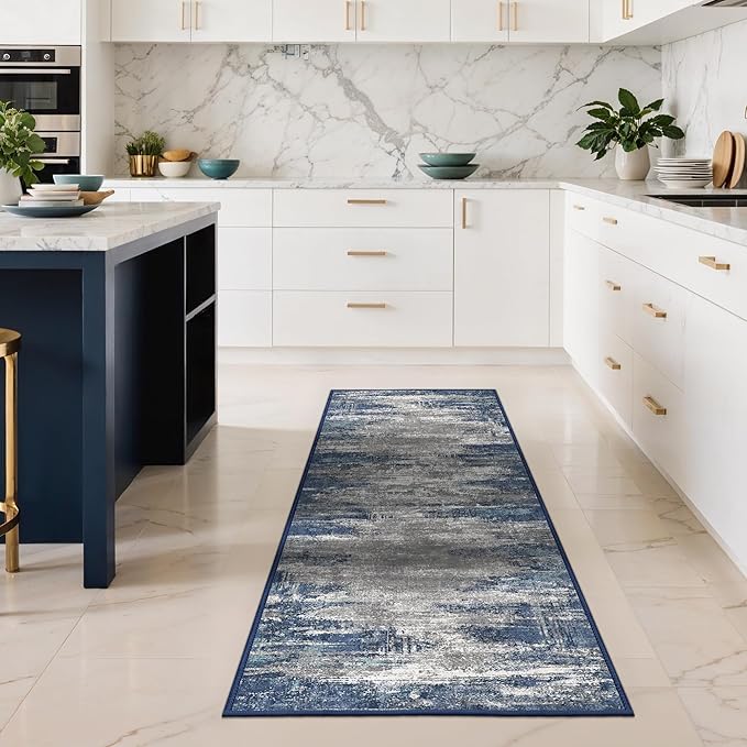 GENIMO Runners for Hallways，2x6 Washable Runner Rug Non-Slip, Long Runner Rugs with Rubber Backing, Low Pile Lightweight Rugs for Kitchen, Bedroom, Bathroom, Entryway, Blue/Ivory