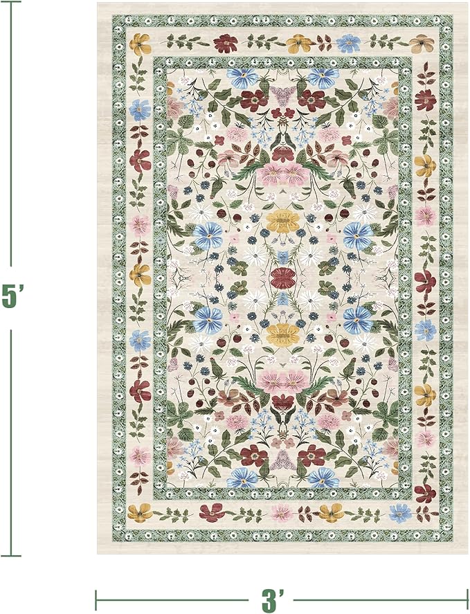 Floral Area Rugs 3x5 Small Thin Entryway Rug - Vintage Boho Washable Non-Slip Living Room Carpet Soft Low Pile Bedroom Floor Mat Indoor Home Decor for Dining Room Playroom Farmhouse, Beige/Green/Multi