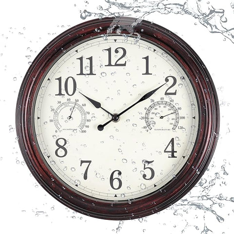 12 inch Outdoor Wall Clock, Plastic Waterproof Outdoor Clocks with Temperature & Humidity, Water Resistant Wall Clock for Patio Garden, Dark Brown