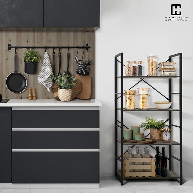 CAPHAUS 4 Tier Bookshelf, 24 Inch Width Free Standing Shelf, Bookcase Shelf Storage Organizer, Industrial Book Shelves for Home Office, Living Room, Kitchen, Dark Grey Vintage Shelves & Metal Frame