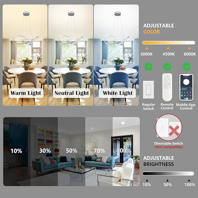Modern LED Pendant Light Fixture Contemporary Ring Chandelier Nickel with 3000K-6000K Dimmable Remote Control and 79in Height Adjustable for Foyer Living Room Bedroom Dining Room