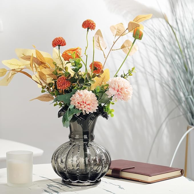Joeyan Handmade Grey Glass Flower Vase,7.9" Vintage Decorative Urn Vase for Centrepieces Bouquet Wedding,Colored Thickened Pedestal Decorations for Rustic Home Living Room Office Farmhouse