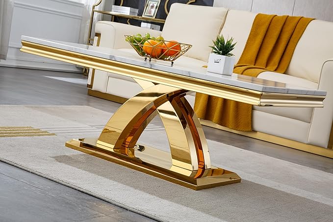 SSLine Rectangular Faux Marble Coffee Table for Living Room Modern Luxury White Marble Center Table with Gold Pedestal Base 46.8" Mid-Century Cocktail Table with Mirrored Stainless Steel Frame
