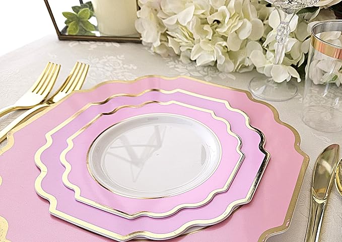 " OCCASIONS " 120 Plates Pack,(60 Guests) Heavyweight Premium Wedding Party Disposable Plastic Plates Set -60 x 10.5'' Dinner + 60 x 8'' Salad/Dessert(Imperial in Light Pink & Gold)