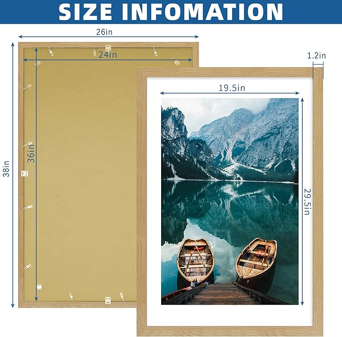 24x36 Poster Frame Set of 2, Natural Oak Wood Style - Display 20x30 Picture with Mat or 24 x 36 Poster without Mat, Wall Mounting Horizontal and Vertical