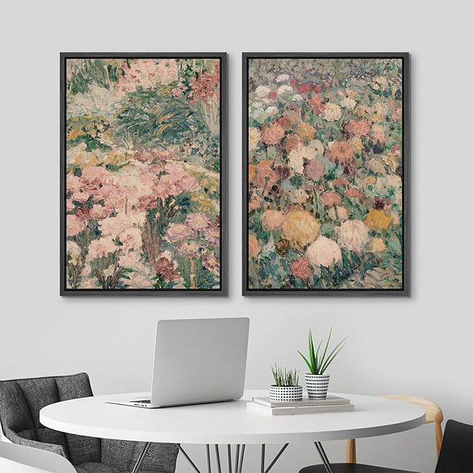 MUDECOR Framed Canvas Print Wall Art Impressionist Floral Garden Vintage Botanical Illustrations Modern Art Decorative Bohemian Colorful Chic for Living Room, Bedroom, Office - 24"x36"x2 Black