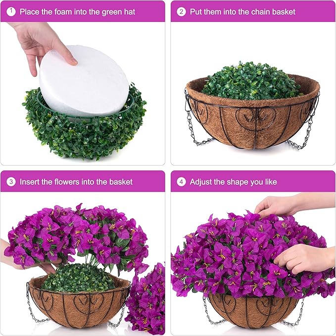 Artificial Fake Hanging Flowers Plants Basket for Outdoors Decoration, Faux Silk Bougainvillea Flowers in Planter Look Real UV Resistant Faux Flower for Outside Porch Patio Garden Home Decor, Purple