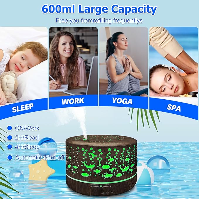Diffusers for Essential Oils Large Room with R/C,600ml Essential Oil Diffusers for Home,Waterless Auto Off 7 Colors Changed 3 Mist Modes,Cool Mist Humidifiers for House Bedroom Decor,Gifts,Dark Wood