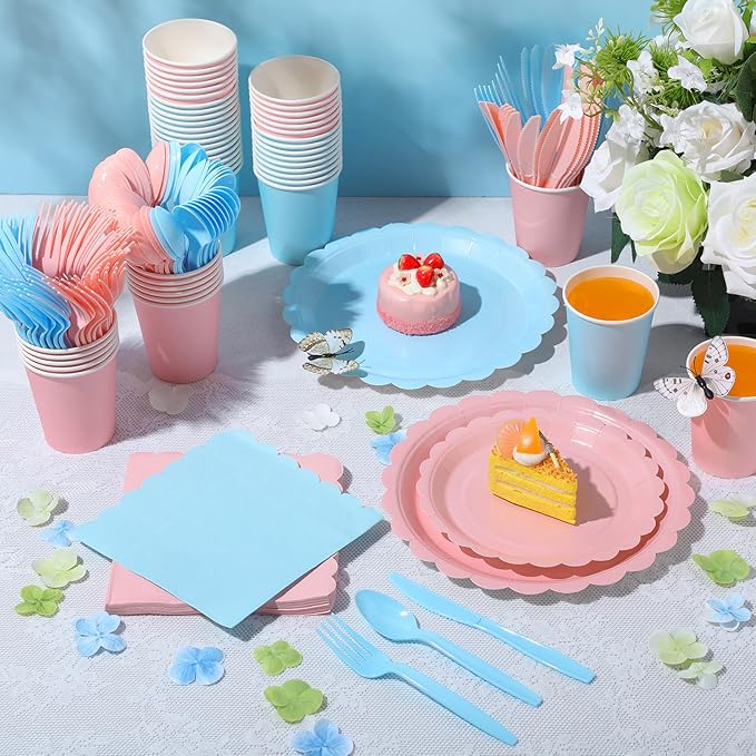 350 Pcs Pink Blue Plates and Napkins, 50 Guest Spring Party Supplies Include Scalloped Paper Plates Napkins Cups Plastic Spoons Forks Knives Disposable Tableware Set for Baby Shower