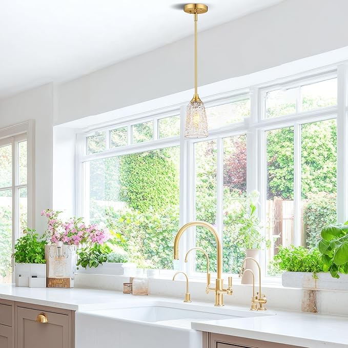 Brushed Gold Pendant Lights Kitchen Island 2 Pack, Glass Pendant Light Fixtures with Hammered Glass and Rods, Modern Farmhouse Brass Hanging Light for Kitchen Sink Dining Room Bedroom, E26