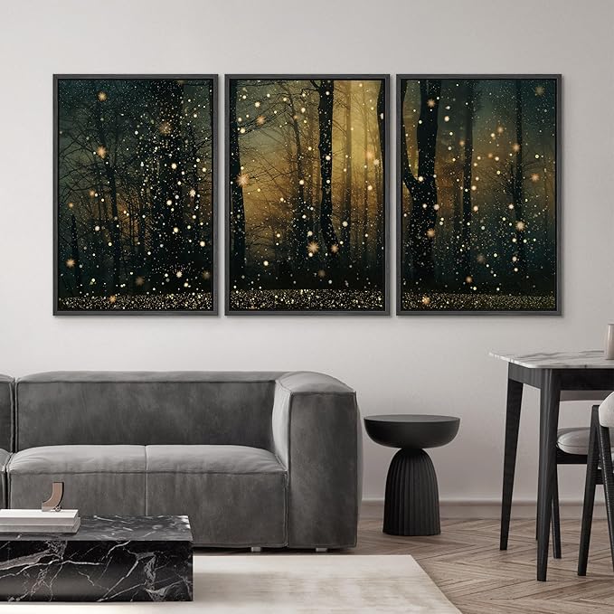 SIGNWIN Framed Wall Art Print Set Enchanted Forest with Fireflies Magical Night Woodland Photography Modern Art Closeup Relax/Calm Dark for Living Room, Bedroom, Office - 16"x24"x3 Black