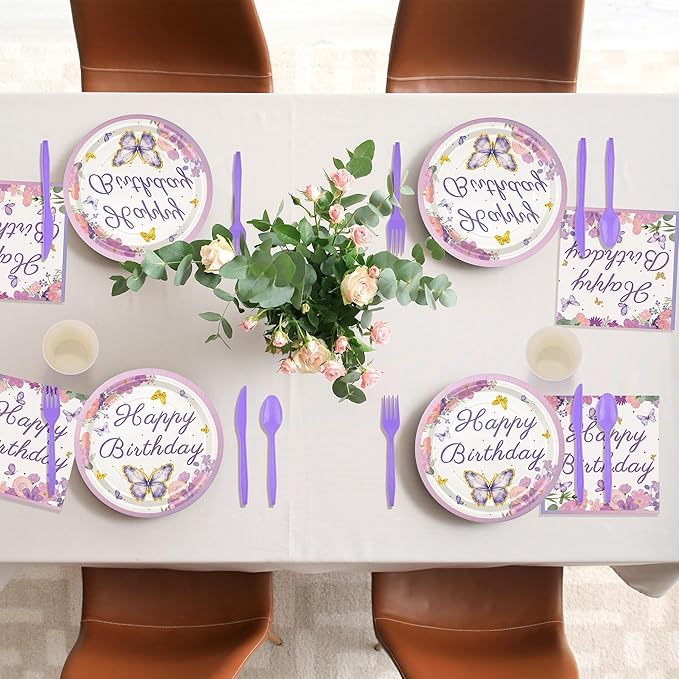 400 Pieces Butterfly Disposable Party Tableware Sets Including Plates Cups Napkins Cutlery Serves 50 for Butterfly-themed Party Birthday Baby Shower Girls Party Decorations