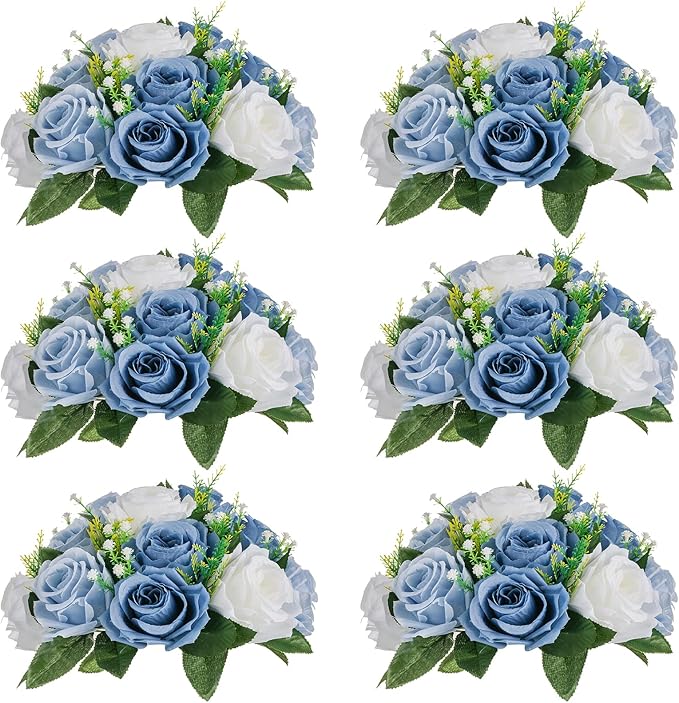 NUPTIO Flower Balls for Wedding Centerpieces - 6 Pcs 9.5 inch Diameter Fake Flower Ball Arrangement Bouquet Party Centerpieces for Tables - Dusty Blue Rose Bouquet Centerpiece Flowers for Table
