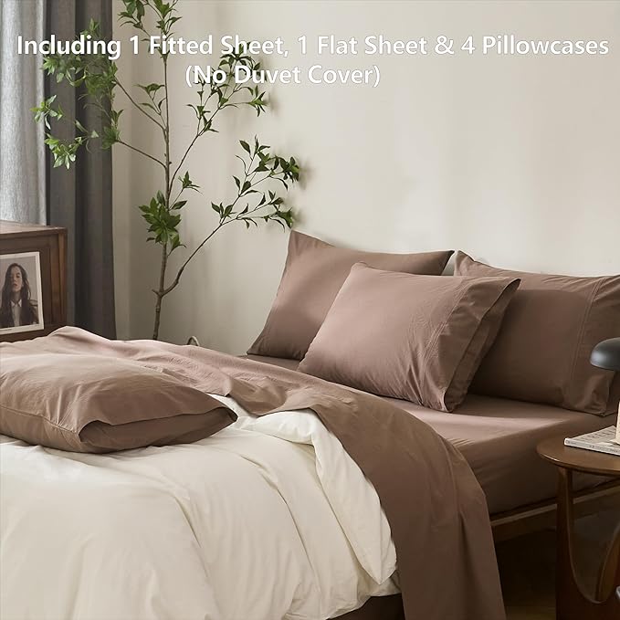 100% Cotton 6-Piece Queen Size 102" x 90" Bedding Set - Fitted Sheet, Flat Sheet & 4 Pillowcases with 17" Deep Pocket,Soft Breathable Bed Sheets for Cozy Sleep,Light Brown