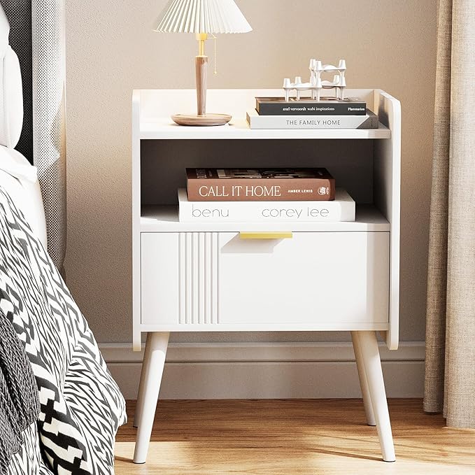Night Stand Modern End Table with Storage Drawer and Open Shelf, Small Bedside Table, Wooden Sofa Side Stand for Bedroom,Study Room and Small Spaces (White)