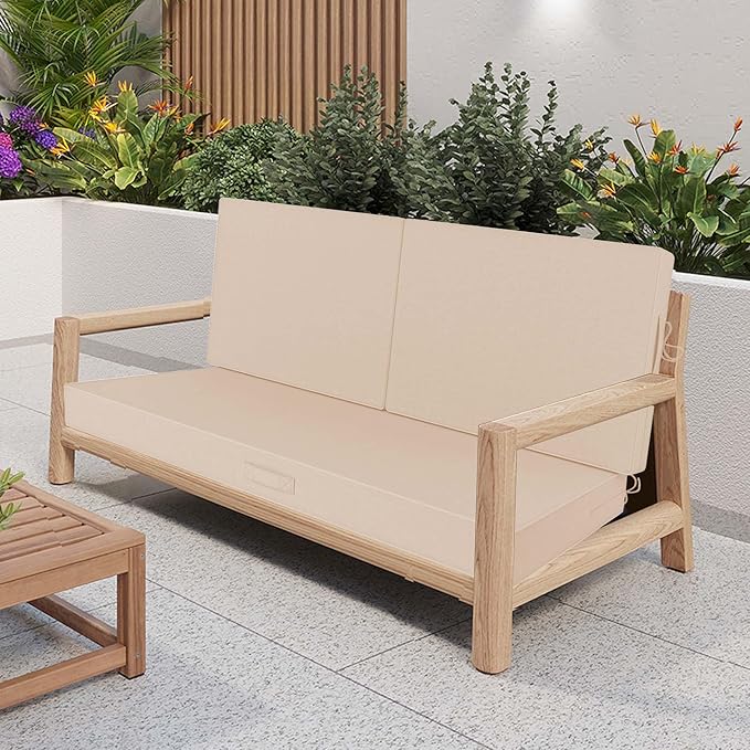 Outdoor Loveseat Cushion Set 46 x 26 Inch, Waterproof & Fade-Resistant Deep Seat Patio Cushions with Removable Cover, Ties & Hidden Zipper, Patio Love Seat Sofa Cushions for Sofa Bench Couch,Khaki