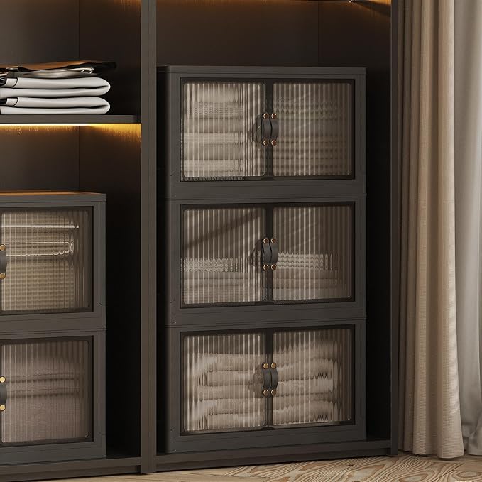 JONZEN 144Qt Stackable Storage Bins with Lid, 36GAL Collapsible Bins with Wheels, Closet Organizer and Storage Drawer, Plastic Clothes Storage Cabinet Containers for Home Garage, 3Pack Black