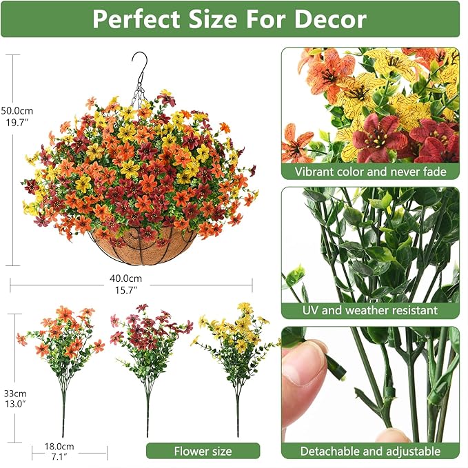 Artificial Flowers Hanging Basket Plants, Fake Mums Fall Decorations for Outdoor, Faux Silk Flower UV Resistant Autumn Decor for Outside Garden Patio Front Porch Balcony Window (Orange Brown Yellow)