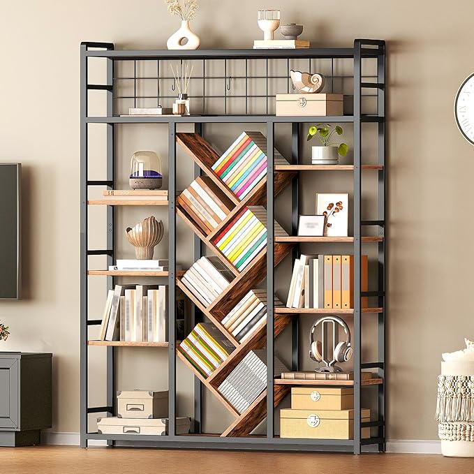 Triple 7-Tier Bookshelf, Industrial Large Bookcase with 20 Open Display Shelves, Modern Tree Bookcase with Metal Frame and Hanging Function for Living Room, Home Office, Rustic Brown and Black