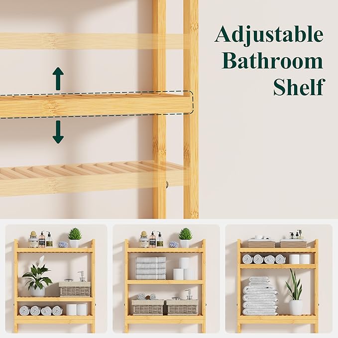 Smiry Over The Toilet Storage Cabinet, 3-Tier Bamboo Bathroom Organizers with Adjustable Shelf & 4 Hooks, Space Saving Shelf Rack for Bathrooms, Laundry Room, Balcony, Natural