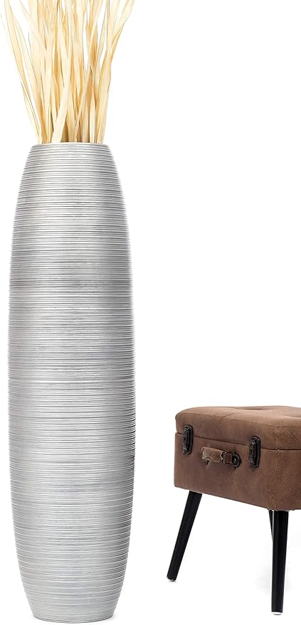 Leewadee Large Silver Home Decor Floor Vase – Wooden 43 inches Tall Farmhouse Decor Flower Holder for Fake Plant and Pampas Grass