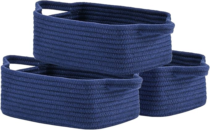 KALLAX Small Woven Basket, 12 x 8 x 4.5 Inches, Small Storage Baskets for Organizing, Gift Baskets Empty, Cute Rope Shelf Closet Storage Bins for Shelves, Dog Toy Basket, 3 Packs, Navy Blue