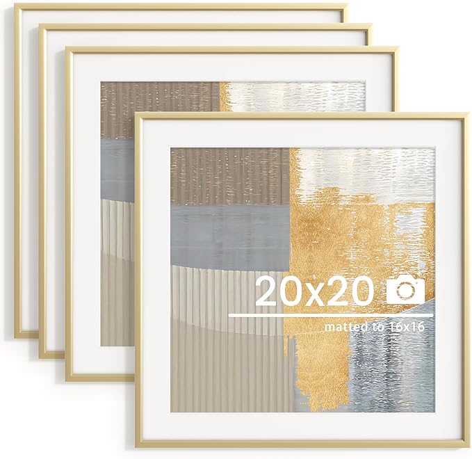 20x20 inch Metal Picture Frame - Thin Aluminum Square Photo Frames with 16x16 Removable Mat - High Definition Plexiglass - Vertical and Horizontal Display - Wall Hook Hanging Hardware Included - Gold, Set of 4