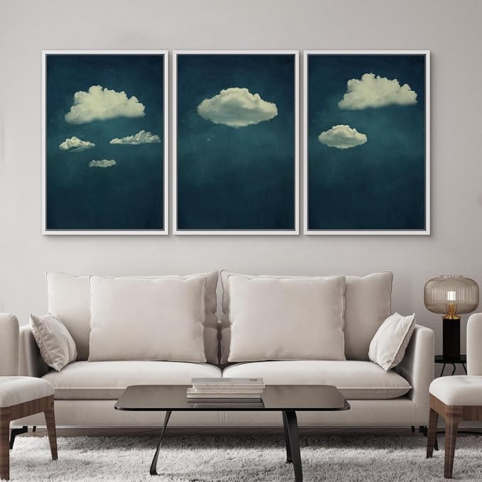 SIGNWIN 3 Piece Framed Canvas Wall Art A Series of White Clouds in The Blue Sky Nature Wilderness Illustrations Abstract Traditional Home Artwork Decoration for Living Room,Bedroom - 16"x24"x3 White