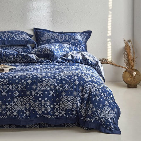 VM VOUGEMARKET Blue White Duvet Cover King Jacquard Geometric Pattern Bedding Set 3 Pieces Yarn-Dyed Cotton Boho Duvet Cover with 2 Pillow Shams