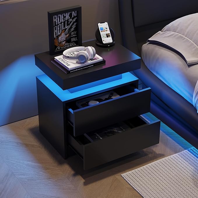 Black Nightstands Set of 2 LED Night Stand Set 2 Modern Bedside Table with 2 Drawers Side Table with LED Lights for Bedroom,Living Room