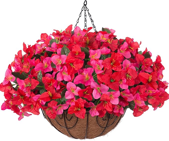 Artificial Fake Hanging Flower Plants Basket for Outdoors Decoration, Faux Silk Bougainvillea Flowers in Planter Look Real UV Resistant Faux Flower for Outside Porch Patio Garden Home Decor