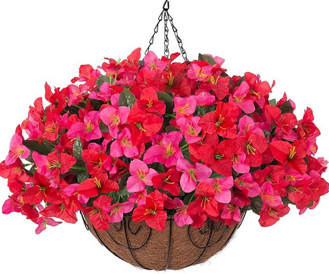 Artificial Fake Hanging Flower Plants Basket for Outdoors Decoration, Faux Silk Bougainvillea Flowers in Planter Look Real UV Resistant Faux Flower for Outside Porch Patio Garden Home Decor