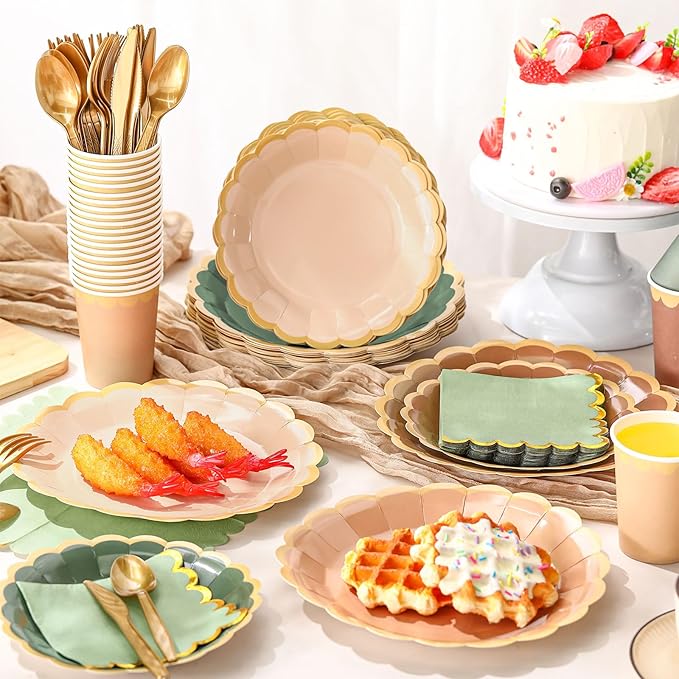 338 Pcs Sage Green and Brown Plates and Napkins Party Supplies for Guests Woodland Baby Shower Tableware Include Forest Scalloped Plates Paper Napkin Cup Spoon Fork Knife for Wedding Birthday