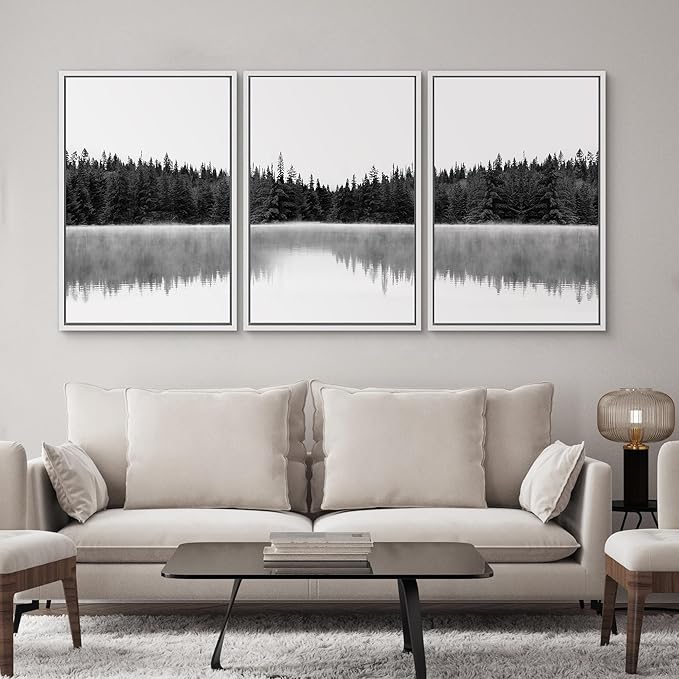 SIGNWIN 3 Piece Framed Canvas Wall Art Woodland Nursery Decor Black and White Forest with Lake Nature Abstract Traditional Home Artwork Decoration for Living Room,Bedroom - 24"x36"x3 White