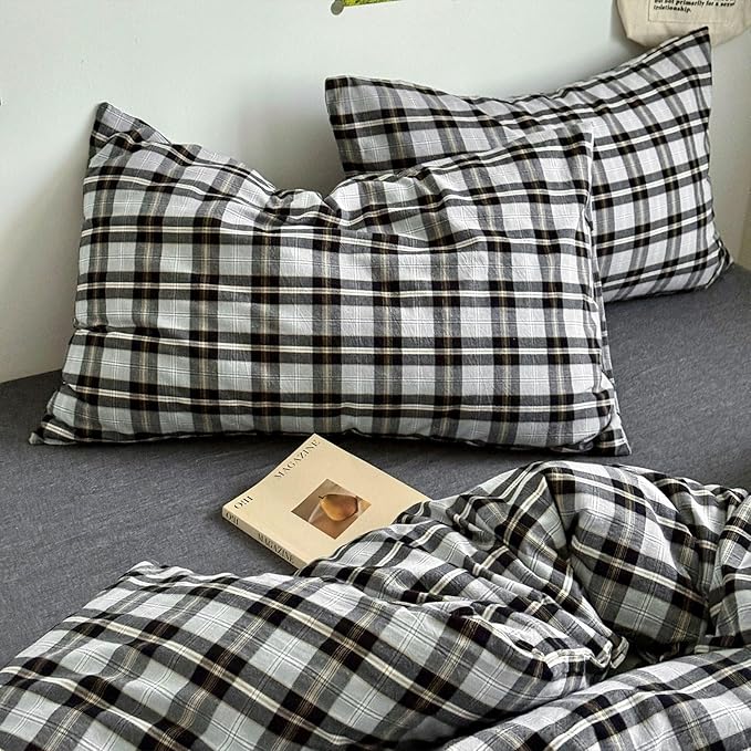 VM VOUGEMARKET Buffalo Gingham Duvet Cover Set Queen,3 Pieces Washed Cotton Bedding Set,Breathable Luxury Plaid Comforter Cover with Zipper Closure for Boys Men(Black&Grey)