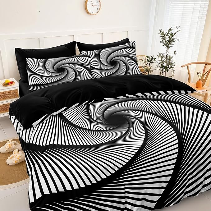 Bedorm Black White Comforter Set 3D Abstract Bedding Set Queen Vortex Stripe Geometric Comforter Trippy Psychedelic Bedding Comforter Black Bed in A Bag