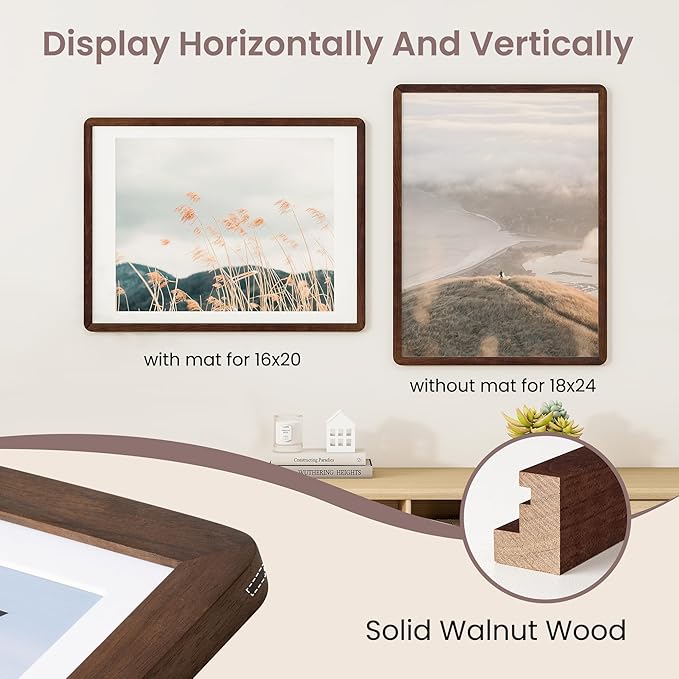 18 x 24 Poster Frame - Solid Walnut Wood 24x18 Poster Frame, 18 x 24 Picture Frame With Mat For 16x20, Tempered Glass and Hanging Hardware Included, Puzzle Frame 18x24 Wood, Natural Walnut