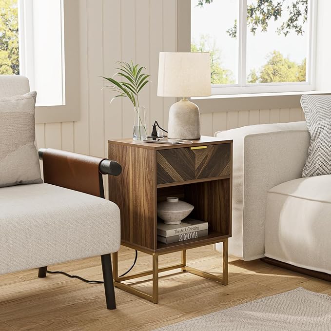 Masupu Extra Large Nightstand with Charging Station,Boho Night Stand Modern Farmhouse Wood Bedside Table with Storage Drawer and Open Shelf,Side End Table for Bedroom,Living Room,Office Brown