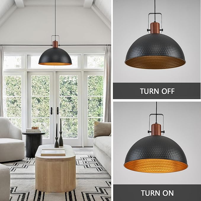 16 Inch Black Pendant Lights Hammered Matte Pendant Lights for Kitchen Island Industrial Farmhouse Adjustable Height Dome Hanging Light Fixtures for Barn, Dining Room 2 Packs