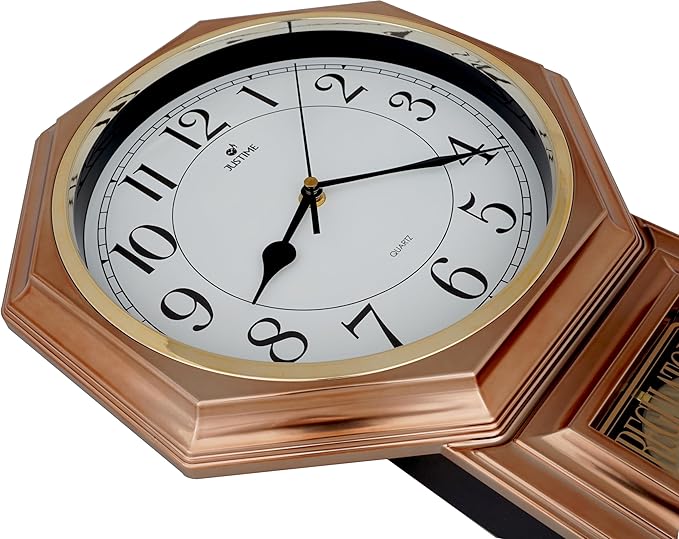 JUSTIME Traditional Schoolhouse Easy to Read Regulator Wall Clock, Chiming Wall Clocks with Pendulum & Westminster Chime Hourly, Schoolhouse Wall Decor Battery Operated (Vintage Copper)