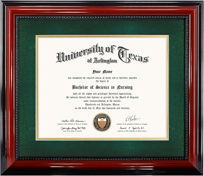 11x14 Diploma Degree Frame with Green Mat or Display 15x18 Certificates without Mat,Solid Wood,Cherry Finish with Intricate Black Rope Detail,UV Protection Acrylic